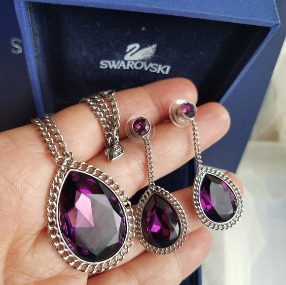 AUTHENTIC Swarovski Large Magenta Purple Teardrop Necklace & Earrings SET - Picture 11 of 16